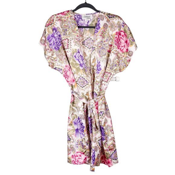 California Miss Other - California Miss VTG Womens Robe M White Pink Purple Satin Short Sleeve Short USA